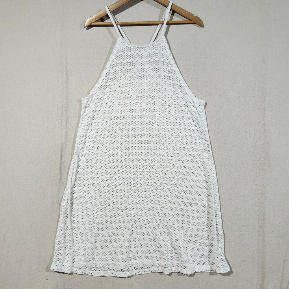 Prana White Crochet Halter Mini Dress Braided Strap Chevron Knit Large Swim